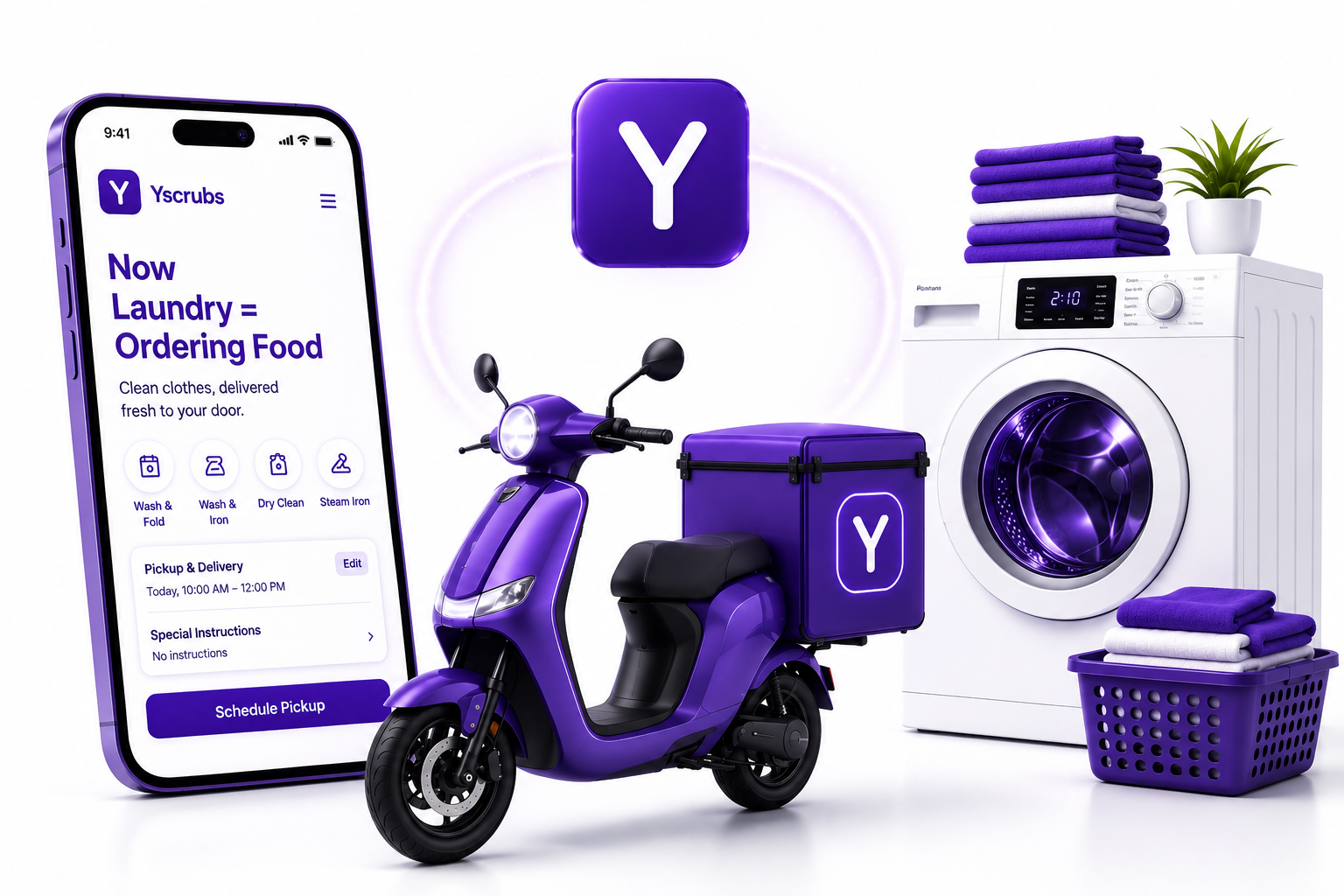 YScrubs laundry app — pickup, wash, deliver in 21 hours